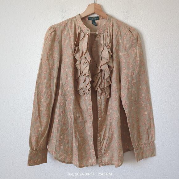 Ralph Lauren Button Up Womens L Top Country Cottagecore Boho Tan Floral Granny - Picture 3 of 8